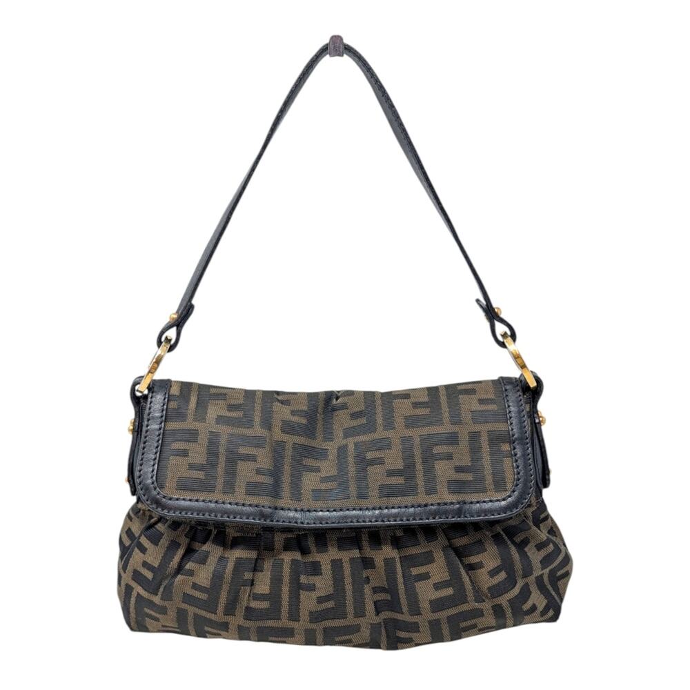 Fendi Chef Bag Zucca Canvas Small Shoulder Bag Brown Tan Gold Hardware